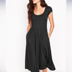 Boden Samantha Scoop Jersey Dress Womens 6P US Black Midi Cap Sleeve Petite